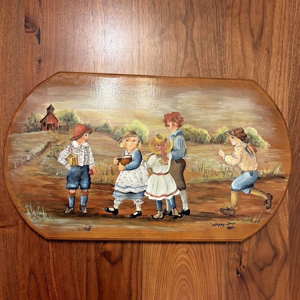 Vintage Bert's Country Woods Hand Painted Wood Plaque Schoolyard Kids Happy Days